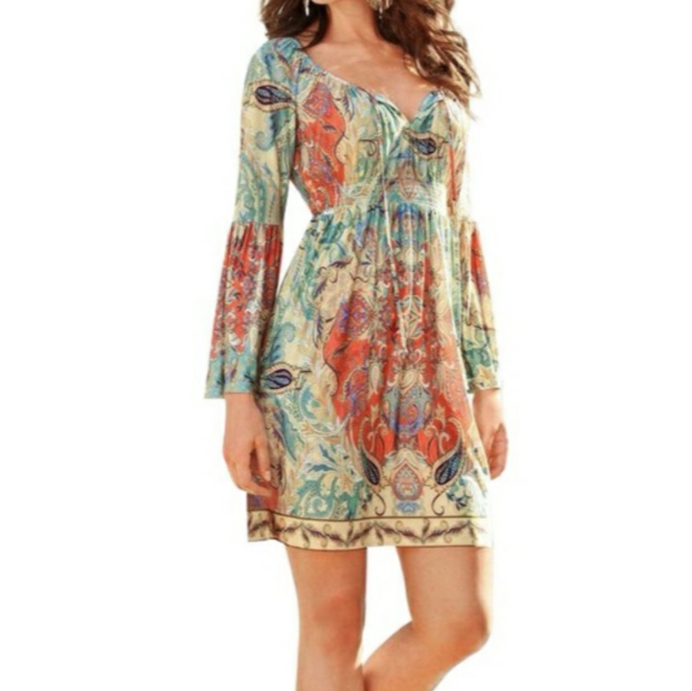 Boston Proper Paisley Dress Bell Sleeves Boho Gyps
